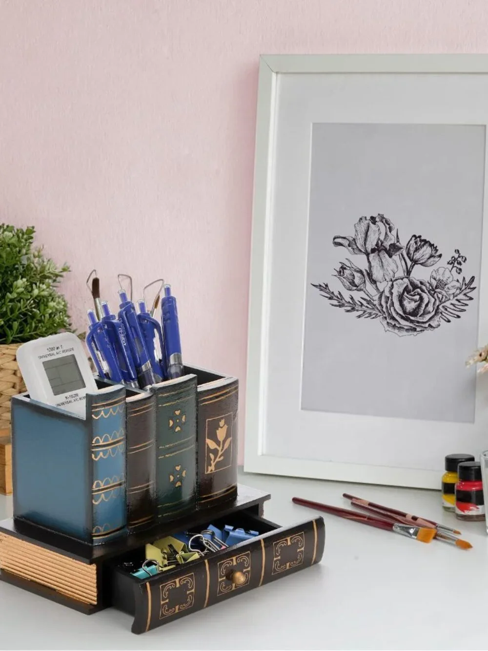 Tosnail Decorative Pen Holder with Storage Drawer, Wooden Pencil Holder and Orga